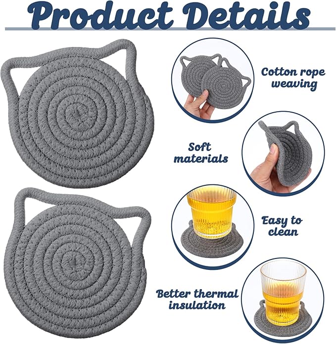 2 Pcs Cute Coasters for Desk, Cat Coasters, 5.12 in Cat Ear Shaped Coaster, Absorbent Handmade Fabric Drink Coaster for Coffee, Hot Tea Drink Juice, Protect The Wooden Tabletop Surface (Grey)