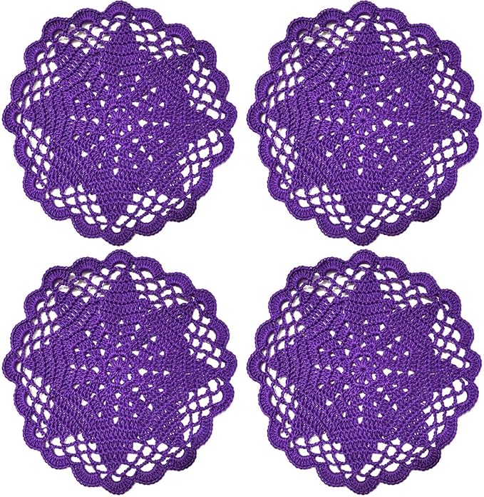 BIBITIME Handmade Crochet Round Lace Doilies Kitchen Table Placemats Wedding Tea Flower Vase Cup Mats (Dark Purple, 6" to 7",Pack of 4PCS)