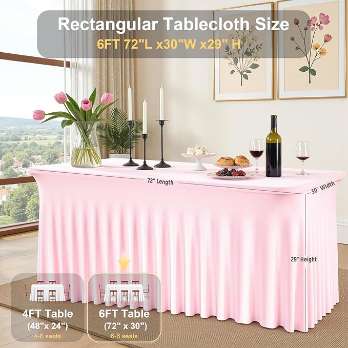 2 Pack Pink 6FT Rectangle Spandex Tablecloths, Stretch Fitted Table Covers for 6 Foot Tables, Wrinkle Free Table Skirts for Wedding Party Birthday Banquet Baby Shower