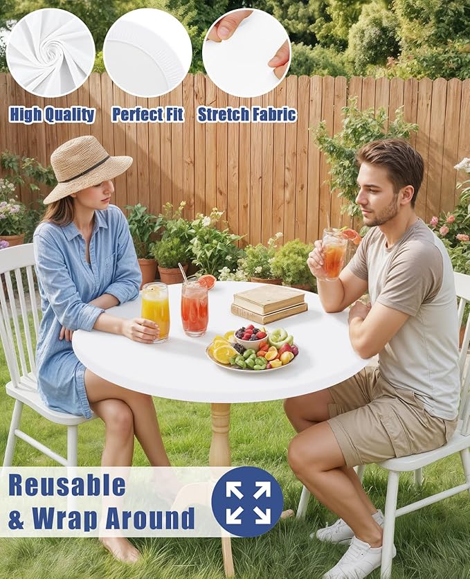 Round Spandex Tablecloth, Elastic Fitted Waterproof Tablecloths for 18"-24" Tables, Stretch Washable Picnic Table Cover for Camping, Dining, Indoor and Outdoor, White