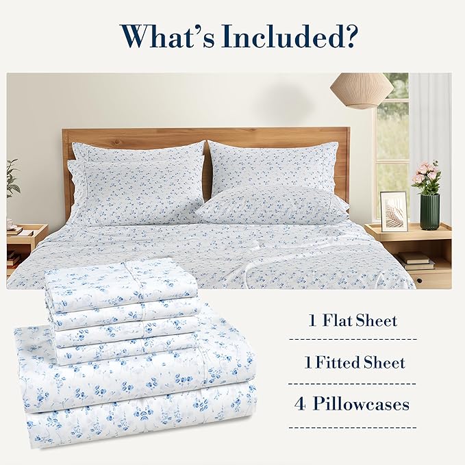 Casa Platino Queen Bed Sheets Set – 100% Cotton Sheets Queen with 4 Pillowcases, Ultra Soft & Breathable Cool Fabric, Tailored Fit with 15" Deep Pockets, Great Everyday Sheets – Floralis