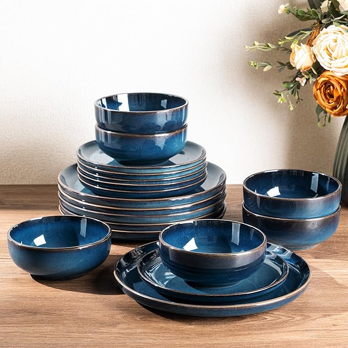 GBHOME Ceramic Dinnerware Sets for 4, 12 Pieces Stoneware Plates and Bowls Sets, Scratch Resistant Dishes, Dishwasher & Microwave Safe, Reactive Glaze-Pacific Blue