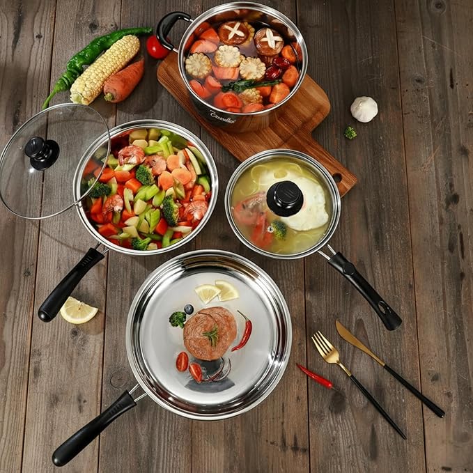Chandler Stainless Steel Cookware Set, 13-piece Pots and Pans with Tempered Glass Lid - Cooking Set with Deep Pans, Saucepans & Pots Compatible for Family Meals (13-Pieces Stainless Steel)