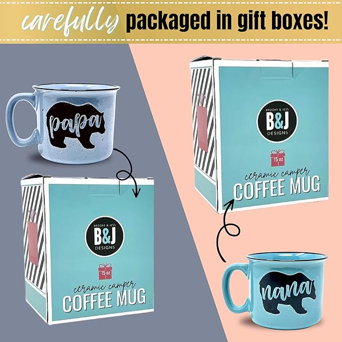 Brooke & Jess Designs Nana and Papa Bear Cute 15 oz Coffee Mugs for Grandma and Grandpa, Mother's Day, Father's Day Birthday (Nana Bear Teal and Papa Bear Light Blue Gift Set)