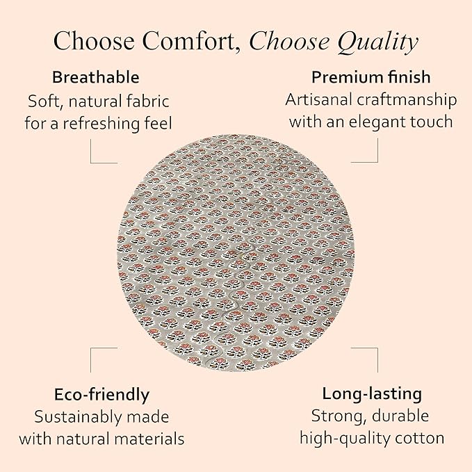 CPC Round Tablecloth- Cotton Indian Block Print Tablecloth -Handmade Printed Washable Cotton Table Cloth - Spring/Summer, Wedding Table Cover - Labra Gray 110 Inches
