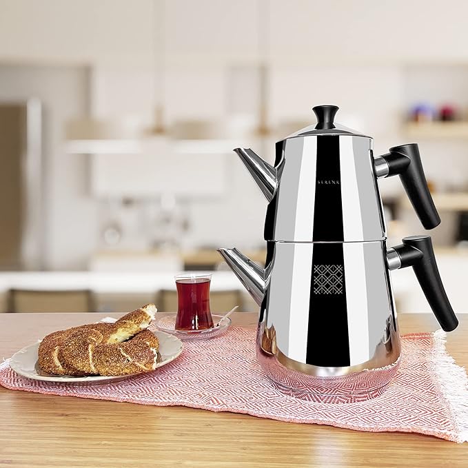 Serenk Definition Stainless Steel Teapot Set, 1L Teapot & 2L Lower Pot, Double-Stacked Design, Induction Compatible, Mirror Polished Finish, Tea Kettle for Home