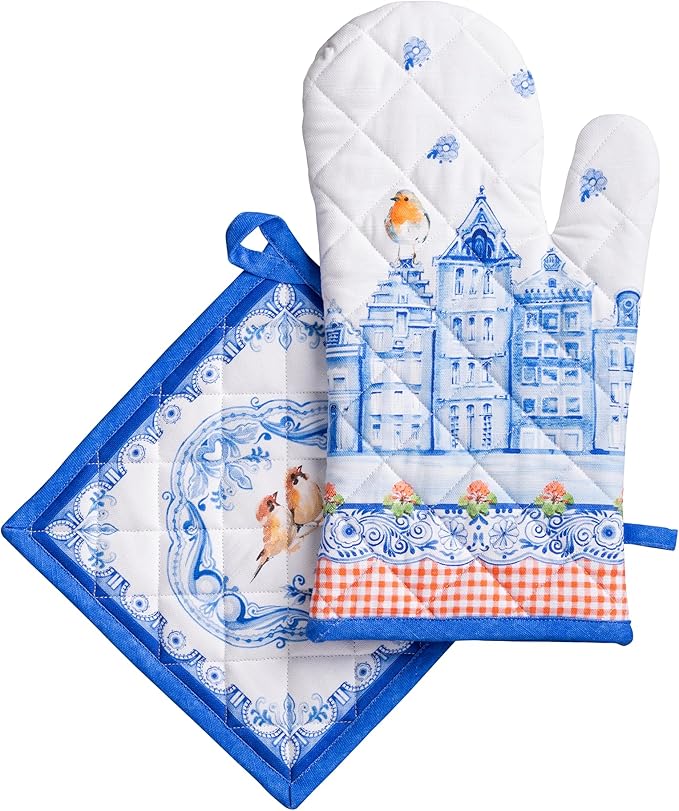 Maison d' Hermine 100% Cotton Oven Mitt & Pot Holder Set (7.5"x13" & 8"x8") Heat Resistant BBQ Cooking Gloves with Loop, Baking, Grilling, Kitchen, Handling Hot Pans Spring/Summer (Amsterdam Canals)
