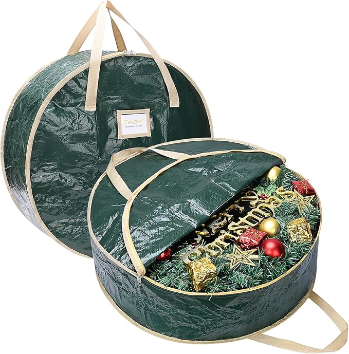 BALEINE Wreath Storage Container, 2 Pack Christmas Wreath Storage Bag with Tear Resistant PE Material and Reinforced Handle for Holiday Xmas (Green, 30"x8")