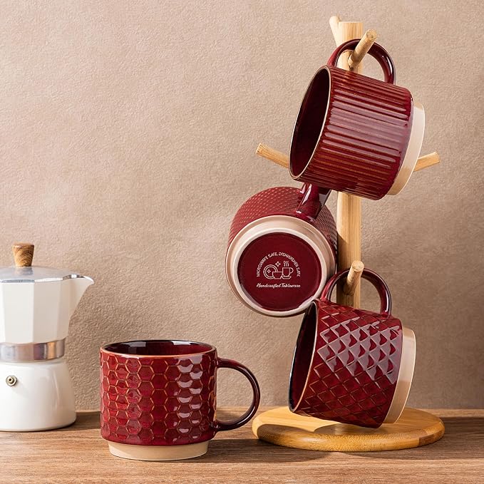 GBhome 12 OZ Stackable Coffee Mugs, Ceramic Coffee Mugs with Texture Patterns for Man,Woman,Dad,Mom, Modern Coffee Mugs Set of 4 for Latte/Cappuccino/Cocoa. Dishwasher&Microwave Safe