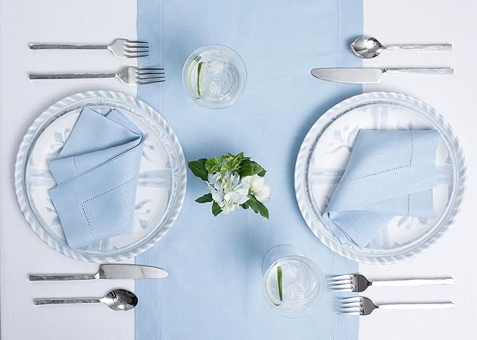 Solino Home Linen Sky Blue Table Runner 72 Inches Long - 100% Pure Linen Hemstitch Table Runner 14 x 72 Inch for Dresser, Dining, Spring, Easter - Classic Hemstitch