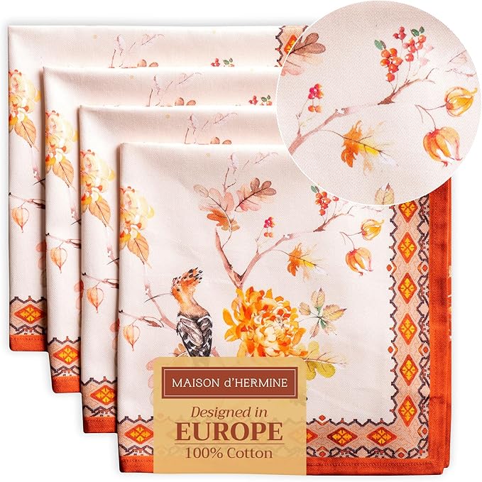 Maison d' Hermine Cloth Napkins Set of 4 100% Cotton for Thanksgiving Christmas Decorations Everyday Reusable Square Fall Napkins Cloth Washable Dinner Party (Kelim - Prairie, 20"x20")
