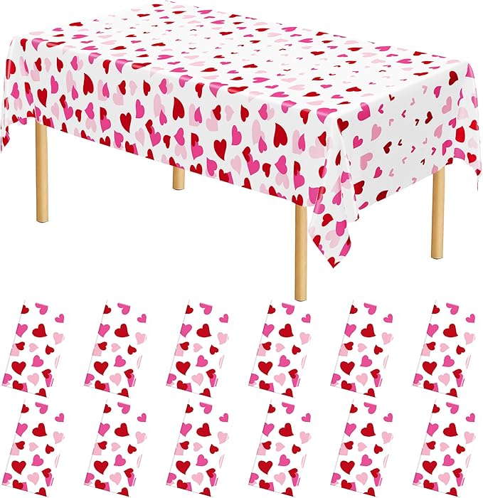 12 Pack Valentines Plastic Tablecloth, 54" x 108" Valentines Decorations, Heart Disposable Red Pink Valentine's Tablecloths Love Party Favors, Love Decorations Table Decor for Birthday Party Supplies