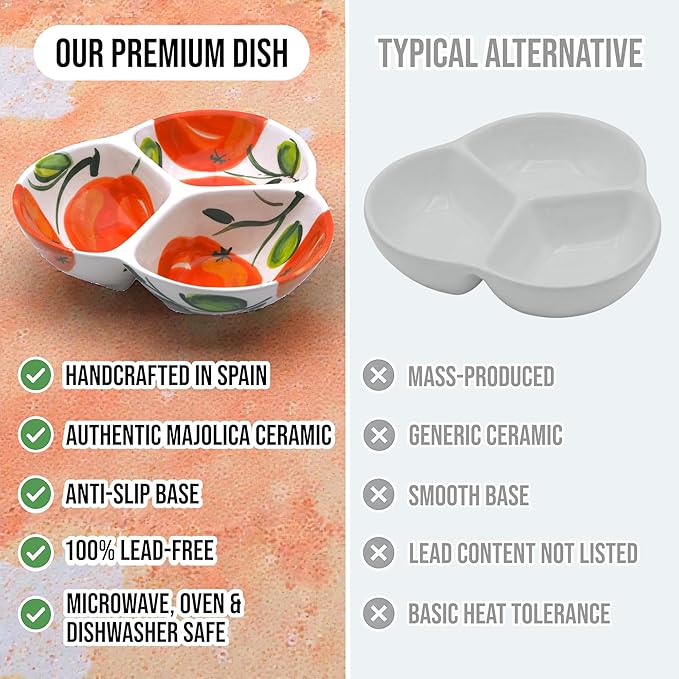 Ceramic Chip & Dip Bowl 7.5”, 3-Compartment Divided Serving Dish & Condiment Tray for Appetizers – Handmade in Spain, Lead-Free Glaze, Microwave, Oven & Dishwasher Safe