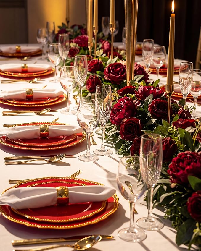 Hioasis 175pcs Red Gold Plastic Plates - Red Plastic Dinnerware Set Includes 25 Dinner Plates, 25 Dessert Dinnerware, 25 Cups, 25 Pre-rolled Napkins Perfect for Wedding & Party