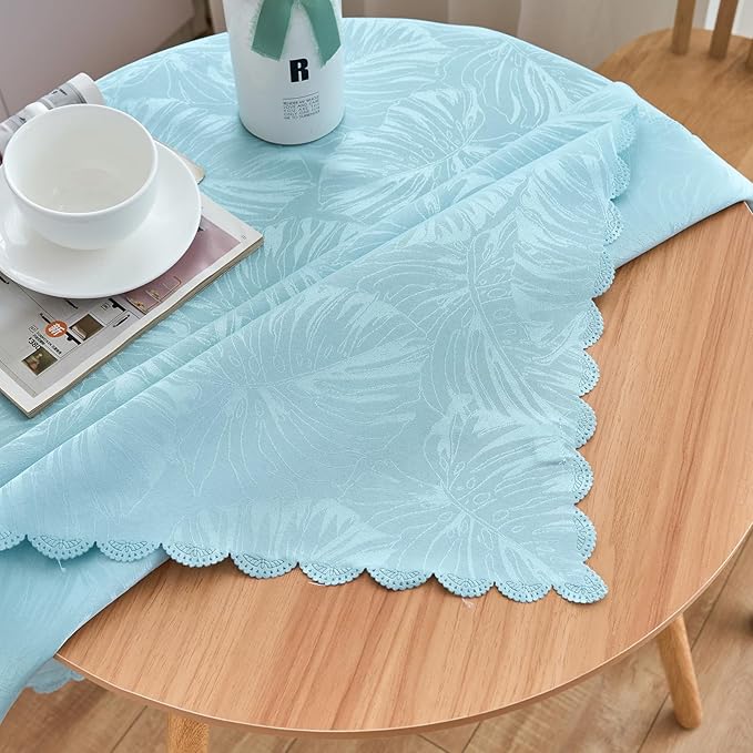 Square Tablecloth Small Table Cloths 36x36 Inch Up to 22" Tables Leaves Pattern Scalloped Edge Waterproof Jacquard Nightstand End Table Cover for Coffee Teapoy Table Room Decor (Blue)