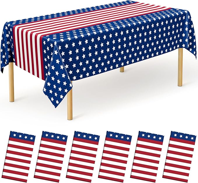 QZYL 6 Pack 4th of July Decorations, 54" x 108" USA Plastic Table Cover, Water Proof Fourth of July Tablecloth Patriotic Tablecloths, Red White Blue USA Decor Memorial Day Party Supplies