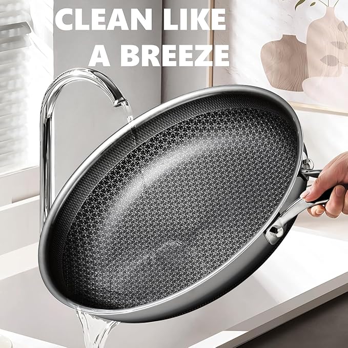 Non Stick Frying Pans 12 inch, Hybrid Frying Skillets Nonstick,non stick Stainless Steel Pans, Dishwasher and Oven-Safe Chef Pan, Induction Compatible Cooking Pan, PFOA Free Cookware