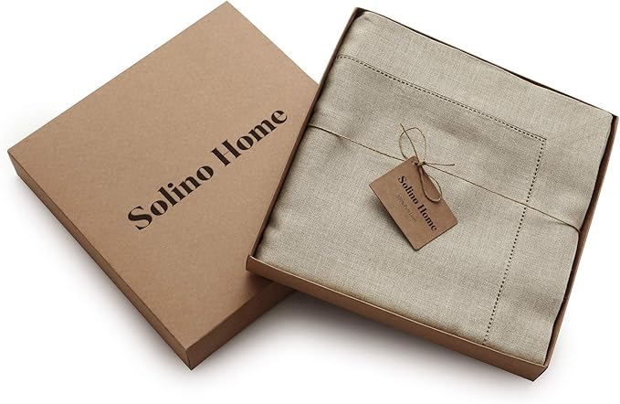 Solino Home Linen Tablecloth for Rectangle Tables 60 x 132 Inch - Classic Hemstitch 100% Pure Linen Natural Table Cloth - Machine Washable Cloth Tablecloth for Spring, Easter
