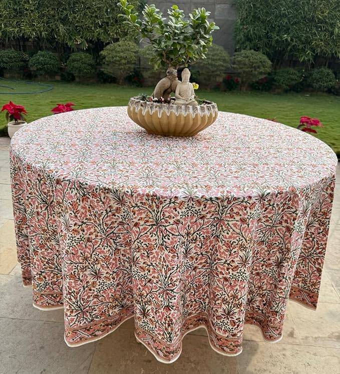 Ridhi Block Print Round Dark Royal Blue Reusable Tablecloth 100% Cotton 120" Inch Decorative Table Cover eveyday Dining, Home, Party, Wedding, Farmhouse Gift for Spring, Easter, Valentine