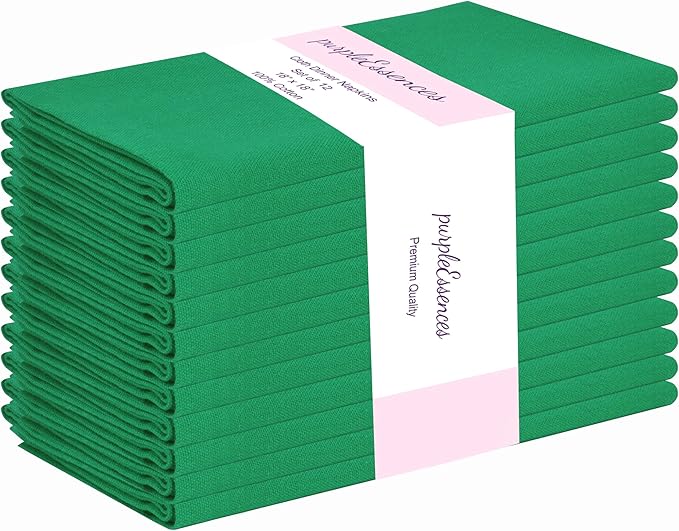 PurpleEssences Set of 12 Cloth Dinner Napkins 100% Cotton 18x18 Inch - Soft Durable Washable - Ideal for Farmhouse Party Christmas Holiday Winter - Perfect Everyday Use Table Linen - St Patricks Green