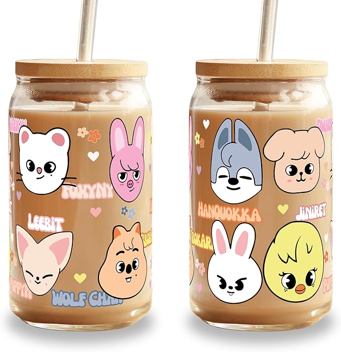 Sip-Sip Hooray! Skzoo Kpop Glass Tumbler with Lid and Straw, 16oz Iced Coffee Cup, Stray Kids Merch, Reusable Glass Cup, Cute Soda Can Lids with Straw, Gift for Fans and Teens