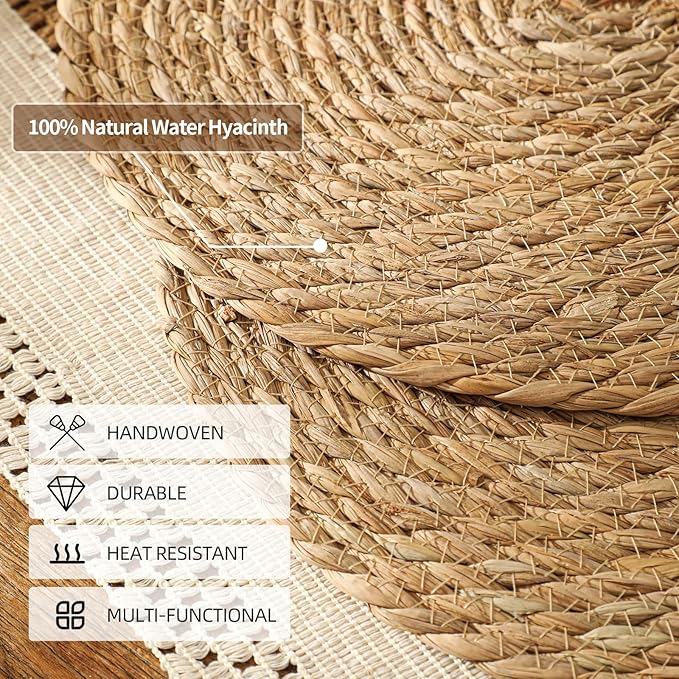 Round Woven Placemats Set of 6, 13.5'' Boho Rattan Chargers for Dinner Plates, Rustic Wicker Place Mats, Straw Braided Table Placemats, for Dining Table Decor, Wedding, Farmhouse and Home Decor