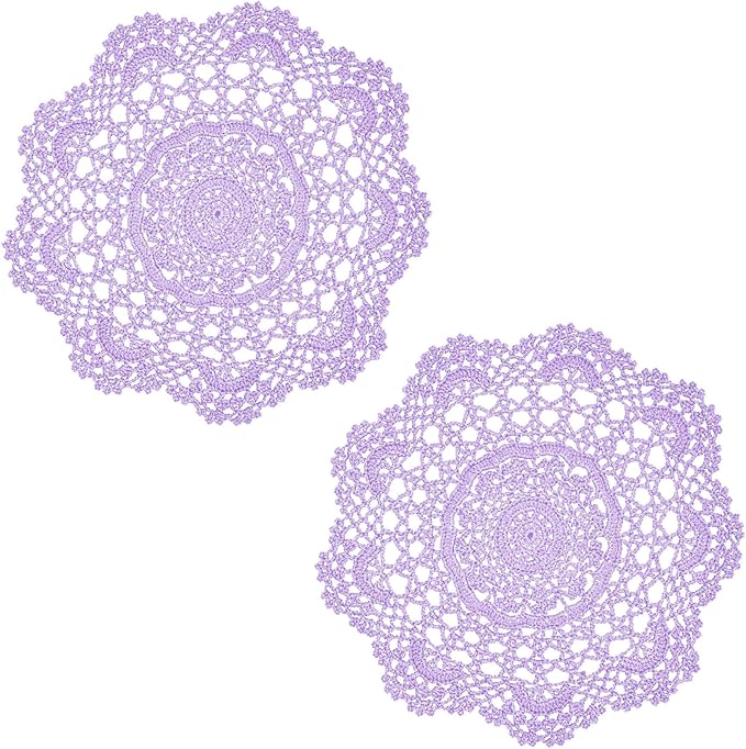 BIBITIME 2PCS Lace Table Doilies Kitchen Placemats Round Handmade Crochet Flower Cup Mug Mat Doily (13 inches to 14 inches,2PCS, Light Purple)