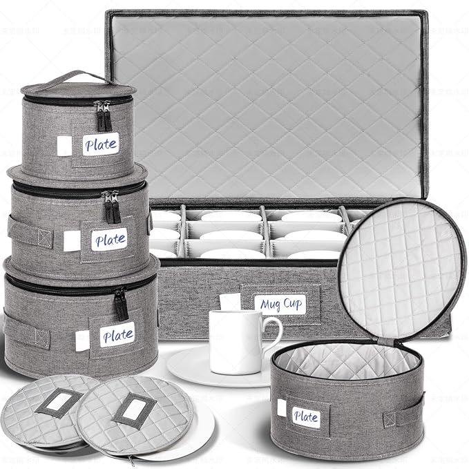 LUXULA China Storage Containers for 12 Place Setting with Two Plate Bags, 5 Pcs Hard Shell Quilted China Storage Cases for Dinner Plates, Salad Plates, Dessert Plates, Saucers, Cups & Mug Storage