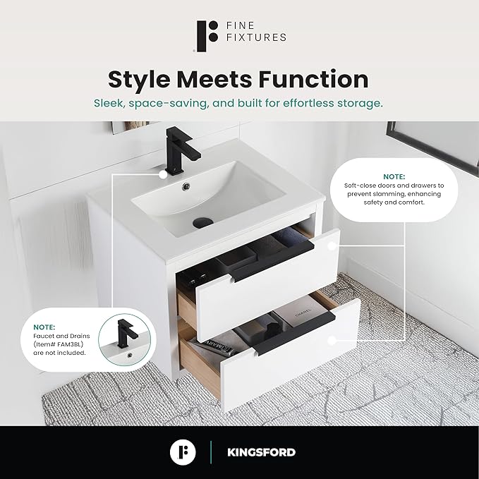 Fine Fixtures Kingsford Modern 24 Inch Bathroom Vanity with Sink, White Finish, Elegant Bathroom Vanities for Modern Homes, Stylish Storage Solutions for Bathrooms