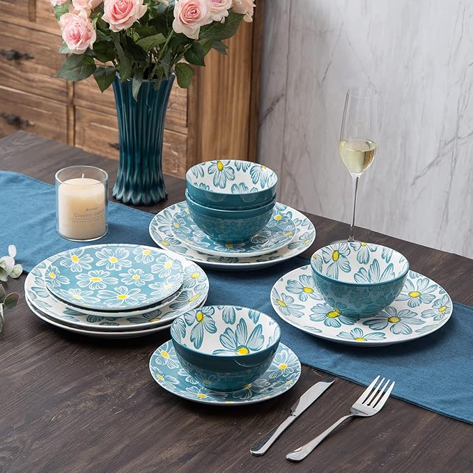12-pieces Dinnerware Set Ceramic Dish Set Plates Sets Service for 4, Bowl Sets, Stoneware Dinnerware Sets, 12pcs Plate and Bowl Set for kitchen