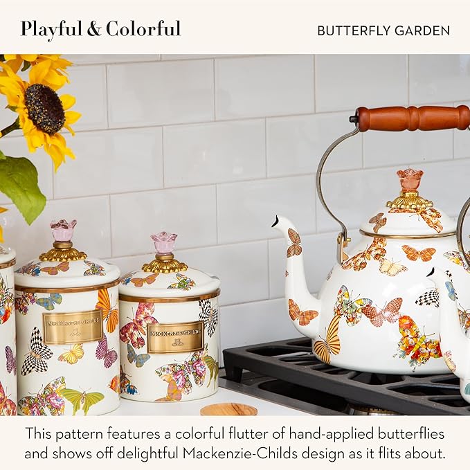 MACKENZIE-CHILDS Enamel Tea Kettle, Cute Kitchen Kettle for Stovetop, 2-Quart Capacity, Butterfly Garden