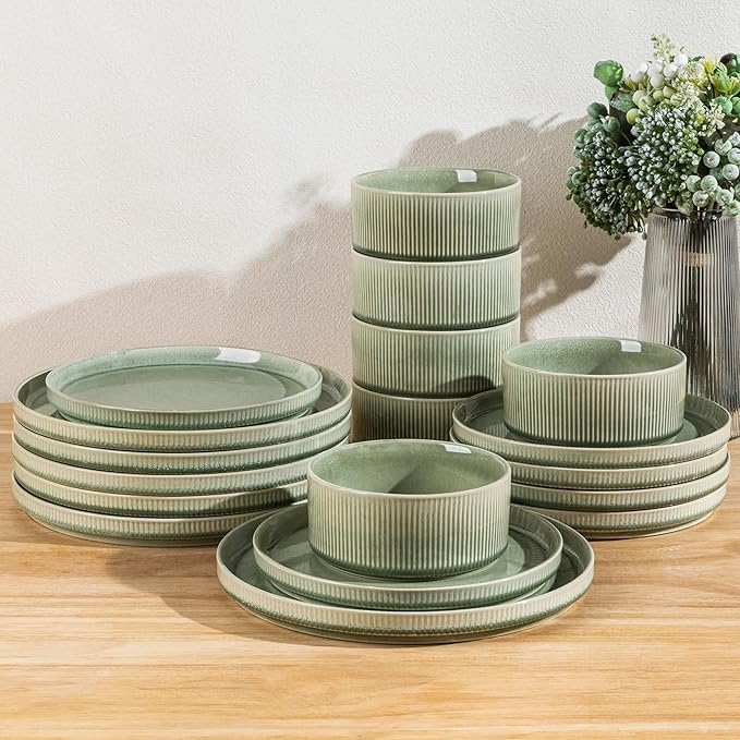 GBHOME 18-Piece Stoneware Dinnerware Set for 6 – Ribbed Ceramic Plates and Bowls, Scratch-Resistant, Microwave & Dishwasher Safe, Reactive Glaze, Light Green