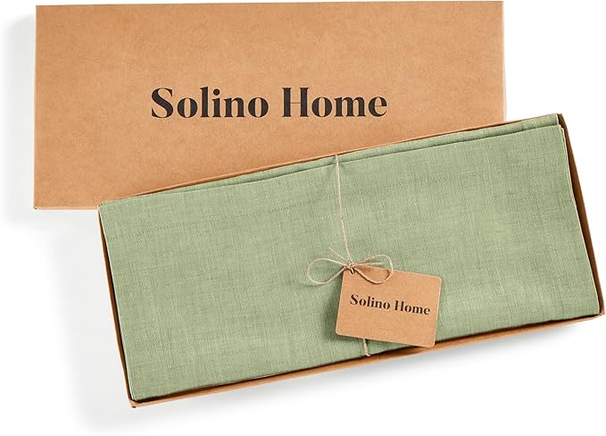 Solino Home Linen Small Table Runner 36 Inches - Athena, 100% Pure Linen Chambray Olive Table Runner 14 x 36 Inch Ideal for Dresser and Coffee Tables - Spring, St Patricks Day