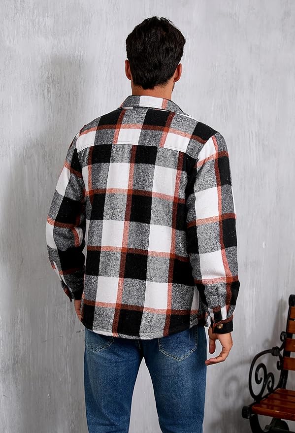 Men's Cotton Sherpa Lined Button Down Flannel Shirt Jacket Plaid Soft Outdoor Flannel Jacket Shirt