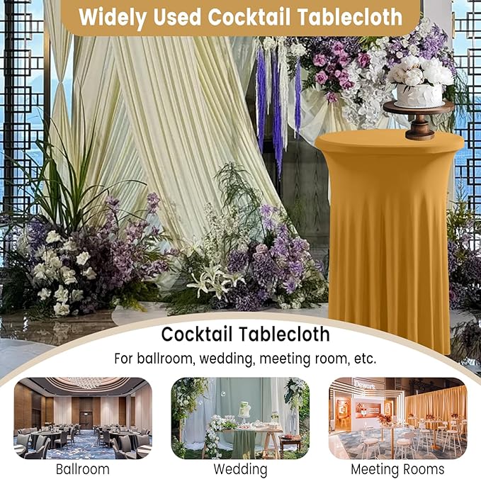 Qubjus 2 Pack Round Cocktail Table Covers with Skirt Stretch Spandex Tablecloth 32"x43" Cocktail Round Tablecloth for Party Wedding Birthday Banquet, Gold