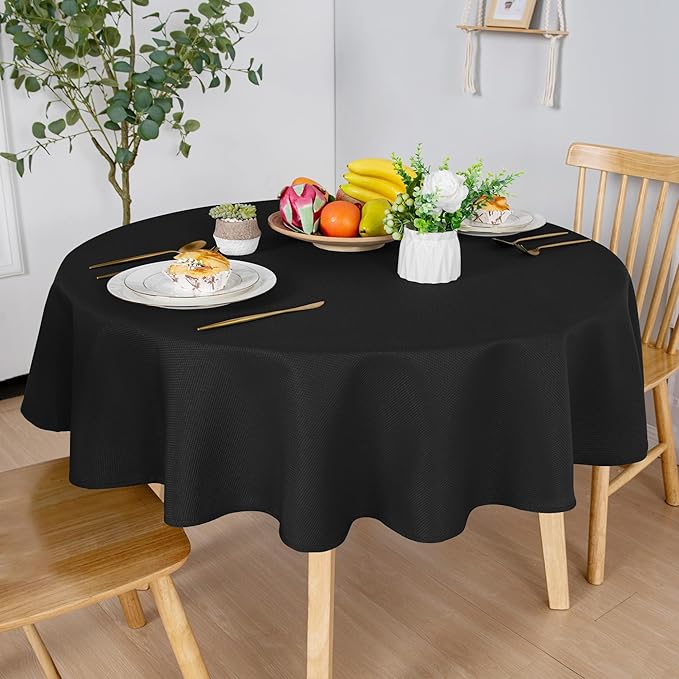Hiasan Round Textured Tablecloth 50 Inch - Waterproof Spillproof Antiwrinkle Jacquard Table Cloth, Decorative Polyester Table Cover for Kitchen, Outdoor Picnic, Holiday and Parties, Black