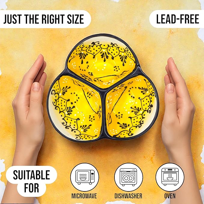 Ceramic Chip & Dip Bowl 7.5”, 3-Compartment Divided Serving Dish & Condiment Tray for Appetizers – Handmade in Spain, Lead-Free Glaze, Microwave, Oven & Dishwasher Safe