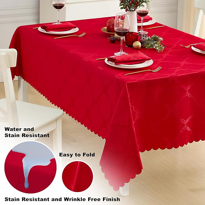Newbridge Valentines Day Rectangle Tablecloth, 60 x 102 Inch, Ribbons and Bows Damask, Wrinkle and Stain Resistant Fabric Table Cloth, Holiday Red