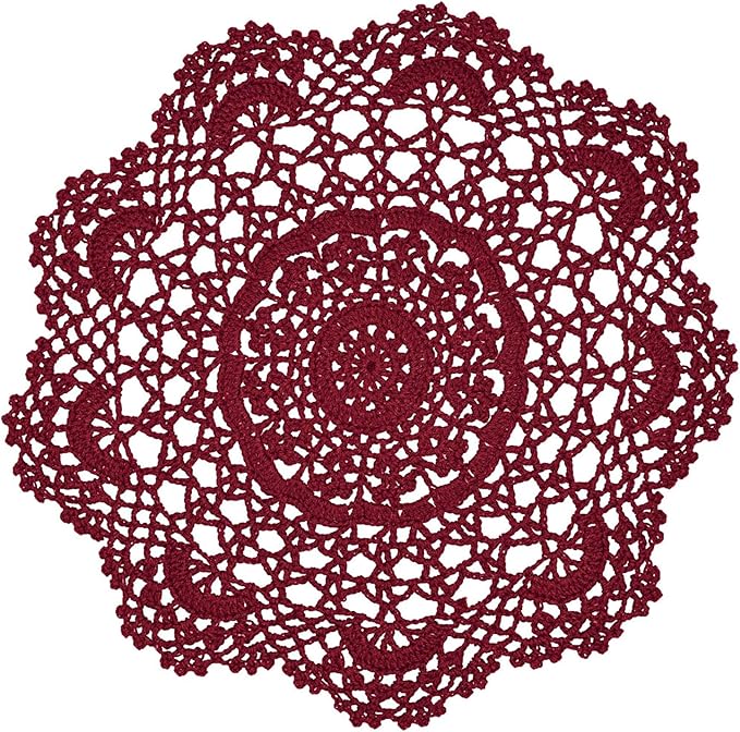 BIBITIME 2PCS 13 inches to 14 inches Cotton Crochet Doilies Kitchen Placemats Round Handmade Knitted Flower Cup Mug Mats Doily Wine Red Coasters