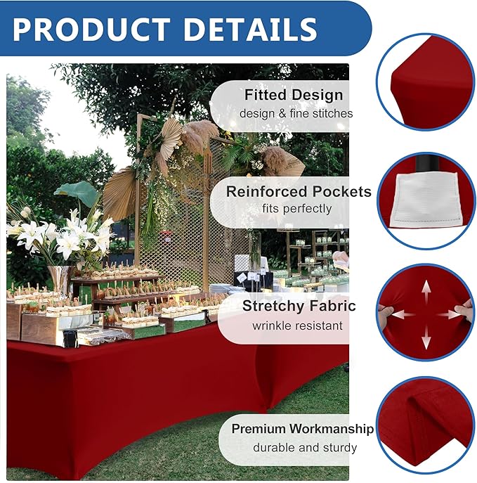 Spandex Table Cloths for 8 Foot Rectangle Tables-6 Pack Fitted Stretch Red Table Covers-Elastic Christmas Tablecloths for Party, Vendor Booth Display, Banquet Buffet Event, Craft Trade Show