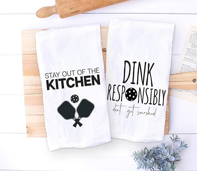 Funny Kitchen Towel - Pickleball Dish Cloth Set with Stay out of the Kitchen and Dink Responsibly Gift for Him or Her - Retirement - Christmas - Mothers Day - Fathers Day - Birthday (Dink/Kitchen Set)