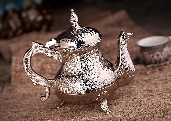 Alisveristime Decorative Zamac Pitcher – Vintage Ottoman-Style Teapot, Ornate Metal Design (7.9 x 7.9 x 5.1 in, 1.85 lbs, 28.7 fl oz) (Silver)