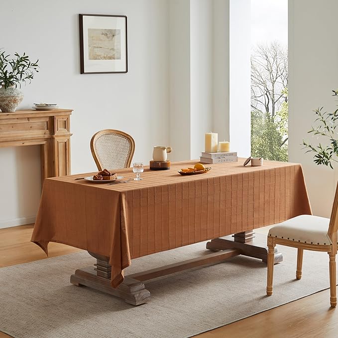 ZeeMart Linen Checked Table Cloth, Farmhouse Style Plaid Embroidered Caramel Tablecloth, Water Resistant Rectangle Table Cloth, Caramel 60x84 Inches