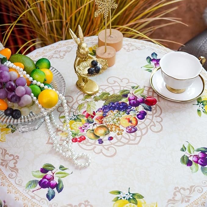 SUTAVIA Lace Embroidered Round Table Cloth Farmhouse TableCover Classic Lemon Fruit Decor Macrame Tablecloth for Coffee Table(Yellow, 45 inch Round)