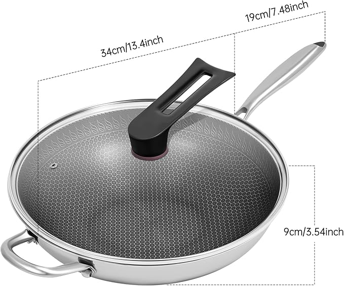 13.4 Inch Skillet Nonstick, 316 Stainless Steel Nonstick Wok Pan with Lid-Honeycomb Stir-Fry Skillet, Stir-Fry Wok with Lid Suitable for Gas Stoves, Induction Cookers and Ceramic Stove