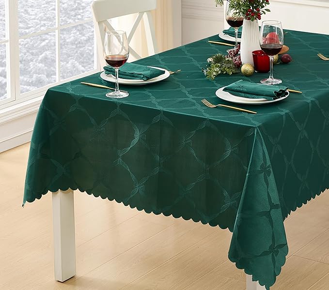 Newbridge Rectangle Tablecloth, 60 x 144 Inch, Spring and Easter Ribbons and Bows Damask, Wrinkle and Stain Resistant Fabric Table Cloth, Holiday Evergreen