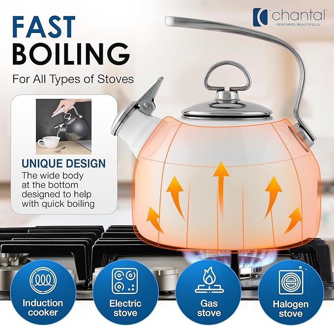 Chantal Classic Teakettle, 1.8 QT, Enamel On Steel, 2-Tone Harmonica Whistle, Rapid Boil and Even Heating (Almond)