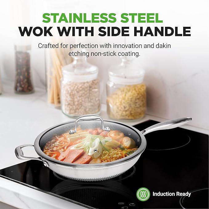 NutriChef 12" Stainless Steel Durable Wok - Triply Kitchenware Wok with Glass Lid, Side Handle - DAKIN Etching Non-Stick Coating, Scratch-resistant Raised-up Honeycomb Fire Textured Pattern