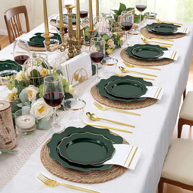 WDF 175Pcs Green Plastic Plates - Green Plates Disposable with Gold Rim - Christmas Plastic Plate - Fancy Disposable Dinnerware Sets 25 Guests Ideal for Party/Wedding/Birthday/St.Patrick's Day