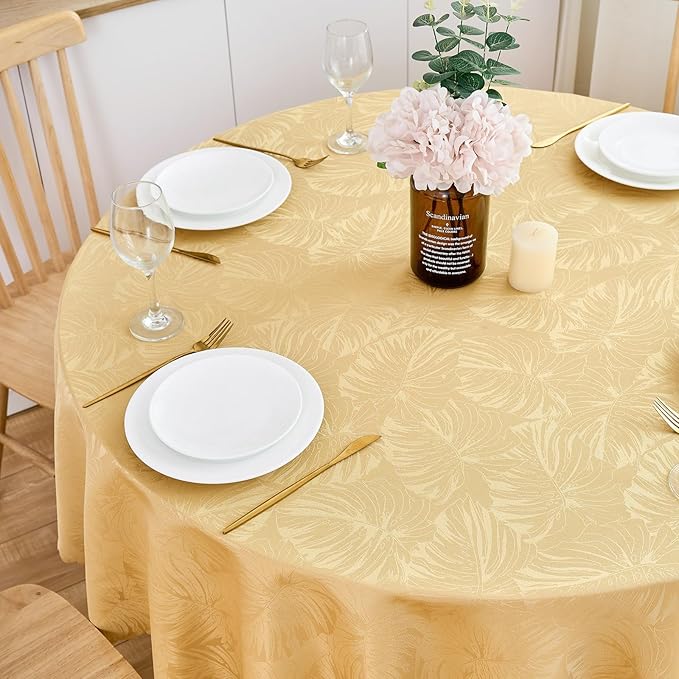 Round Tablecloth 70 Inch Fabric Table Cloth Leaves Pattern Scalloped Edge Silky Tablecloth Waterproof Washable Table Cover for Kitchen Dining Party Banquet Patio Decor Golden